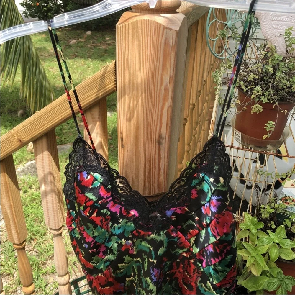 Victorias Secret Lingerie Satin Slinky Black Floral Lace Slip S Vintage 80s 90s